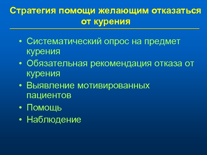 Стратегия помощи желающим отказаться от курения • Систематический опрос на предмет курения • Обязательная
