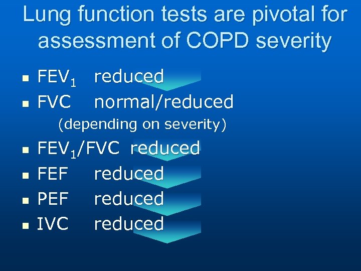 Lung function tests are pivotal for assessment of COPD severity n n FEV 1