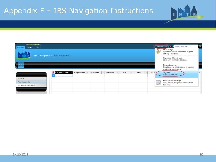 Appendix F – IBS Navigation Instructions 3/18/2018 80 