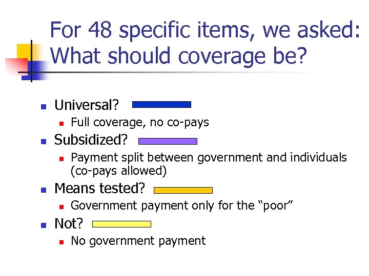 For 48 specific items, we asked: What should coverage be? n Universal? n n