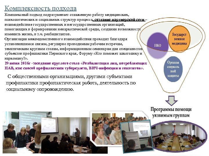 Комплексность подхода Комплексный подход подразумевает отлаженную работу медицинских, психологических и социальных структур процесса, создание