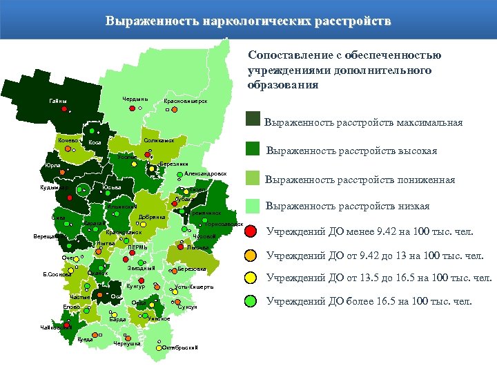 Выраженность наркологических расстройств Сопоставление с обеспеченностью учреждениями дополнительного образования Чердынь Гайны Красновишерск Выраженность расстройств