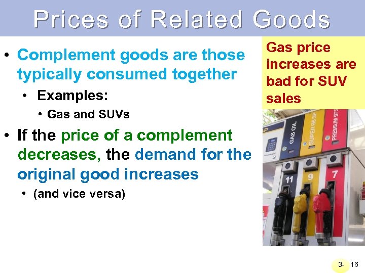 Prices of Related Goods • Complement goods are those typically consumed together • Examples: