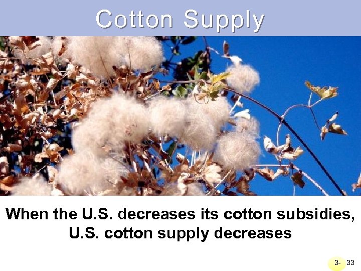 Cotton Supply When the U. S. decreases its cotton subsidies, U. S. cotton supply