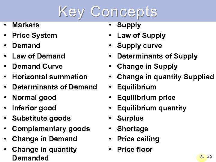 Key Concepts • • • • Markets Price System Demand Law of Demand Curve