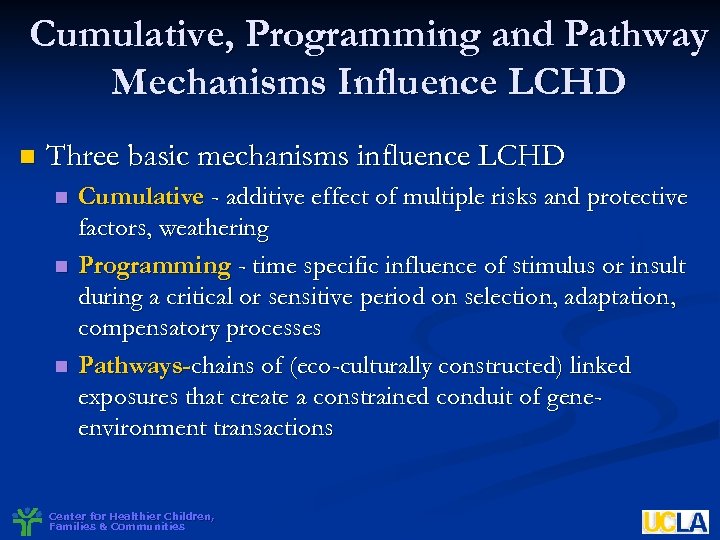 Cumulative, Programming and Pathway Mechanisms Influence LCHD n Three basic mechanisms influence LCHD n