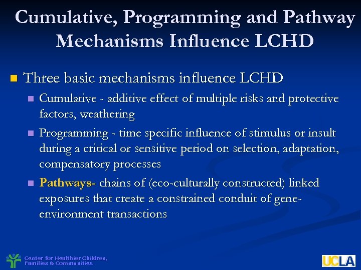 Cumulative, Programming and Pathway Mechanisms Influence LCHD n Three basic mechanisms influence LCHD n