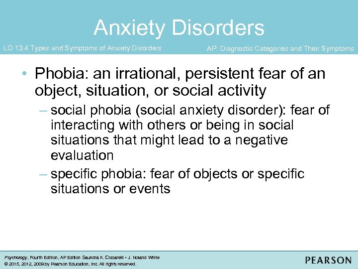 Anxiety Disorders LO 13. 4 Types and Symptoms of Anxiety Disorders AP: Diagnostic Categories