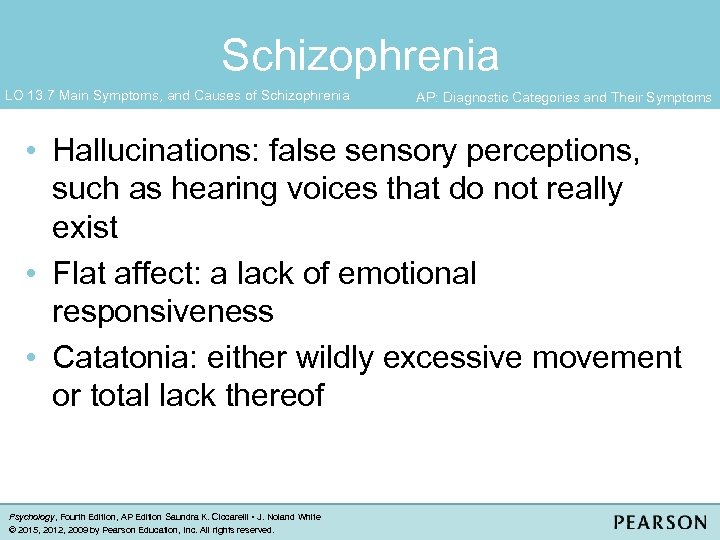 Schizophrenia LO 13. 7 Main Symptoms, and Causes of Schizophrenia AP: Diagnostic Categories and