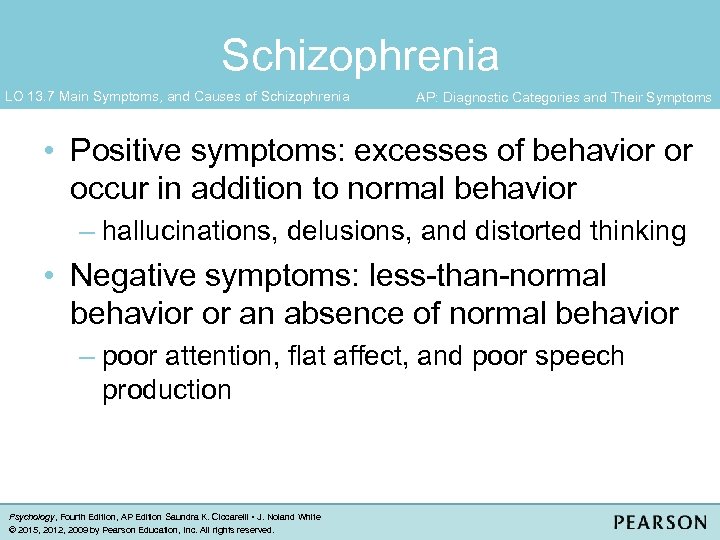 Schizophrenia LO 13. 7 Main Symptoms, and Causes of Schizophrenia AP: Diagnostic Categories and
