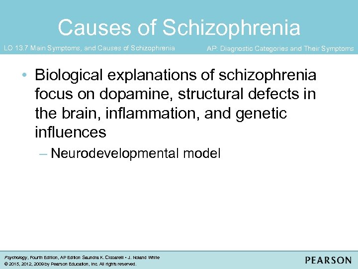 Causes of Schizophrenia LO 13. 7 Main Symptoms, and Causes of Schizophrenia AP: Diagnostic