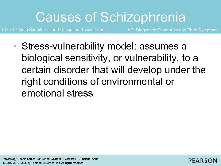 Causes of Schizophrenia LO 13. 7 Main Symptoms, and Causes of Schizophrenia AP: Diagnostic