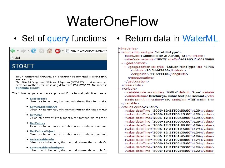 Water. One. Flow • Set of query functions • Return data in Water. ML