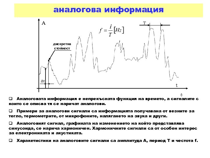 аналогова информация A Т дискретна стойност ∆t t q Аналоговата информация е непрекъсната функция