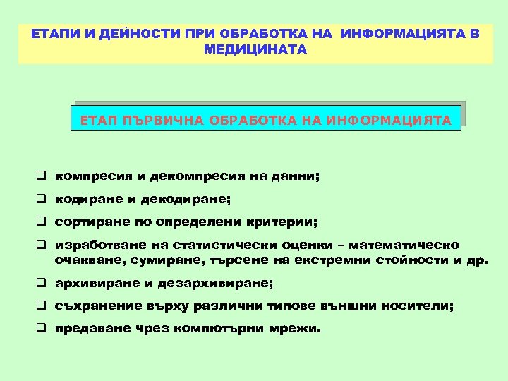ЕТАПИ И ДЕЙНОСТИ ПРИ ОБРАБОТКА НА ИНФОРМАЦИЯТА В МЕДИЦИНАТА ЕТАП ПЪРВИЧНА ОБРАБОТКА НА ИНФОРМАЦИЯТА