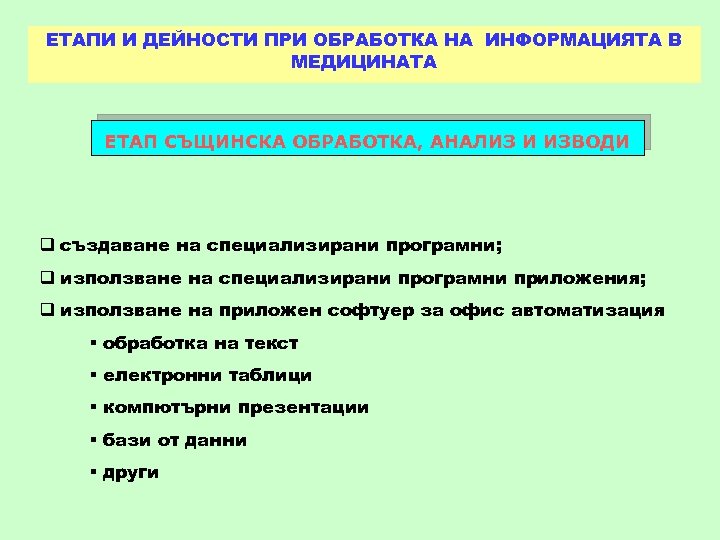 ЕТАПИ И ДЕЙНОСТИ ПРИ ОБРАБОТКА НА ИНФОРМАЦИЯТА В МЕДИЦИНАТА ЕТАП СЪЩИНСКА ОБРАБОТКА, АНАЛИЗ И