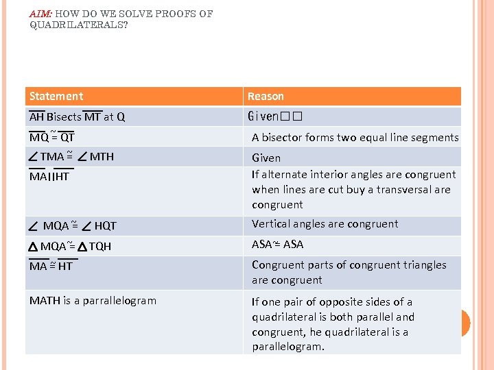 AIM: HOW DO WE SOLVE PROOFS OF QUADRILATERALS? Statement Reason AH Bisects MT at