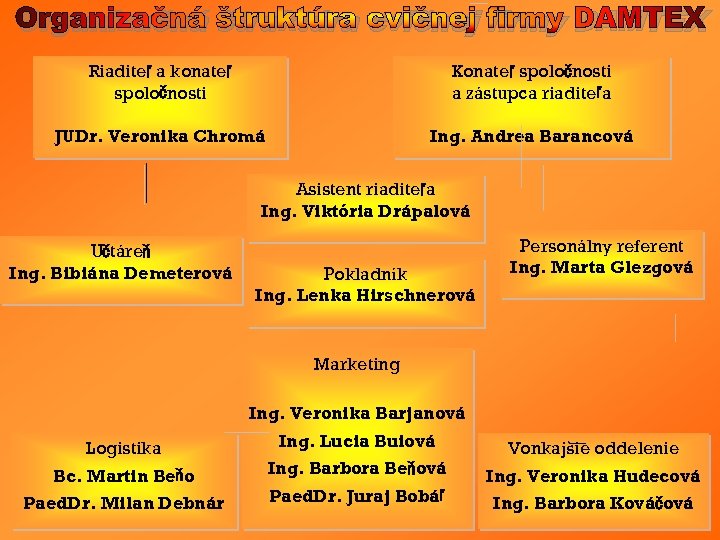 Organizačná štruktúra cvičnej firmy DAMTEX Riaditeľ a konateľ spoločnosti Konateľ spoločnosti a zástupca riaditeľa