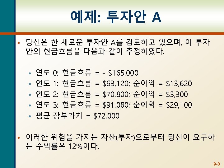 예제: 투자안 A • 당신은 한 새로운 투자안 A를 검토하고 있으며, 이 투자 안의