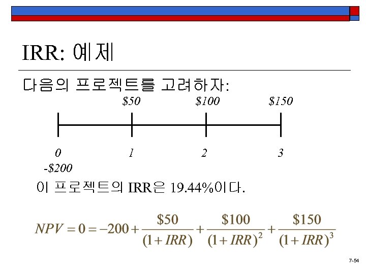 IRR: 예제 다음의 프로젝트를 고려하자: $50 0 -$200 $150 1 2 3 이 프로젝트의