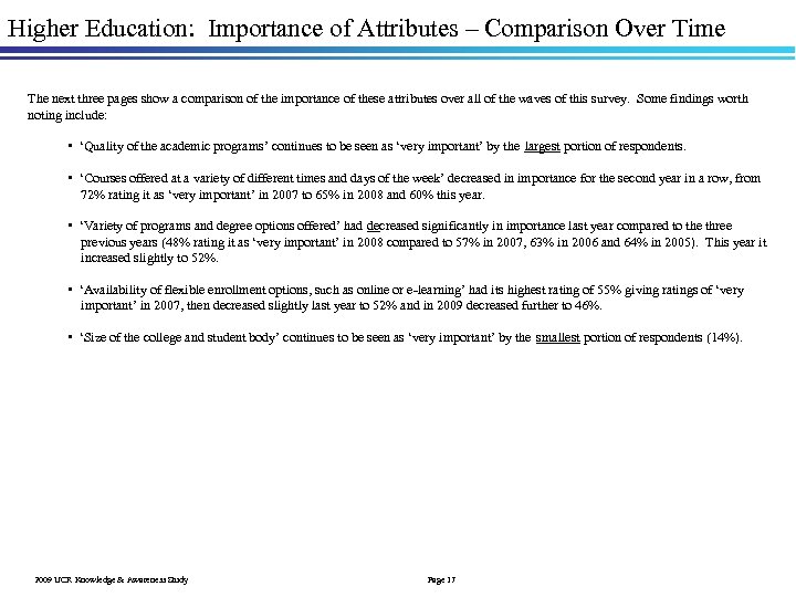 Higher Education: Importance of Attributes – Comparison Over Time The next three pages show
