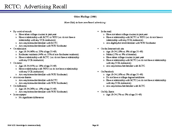 RCTC: Advertising Recall Other Findings (2009) More likely to have seen/heard advertising: • By