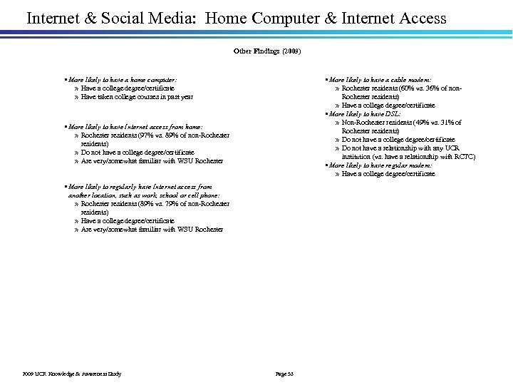 Internet & Social Media: Home Computer & Internet Access Other Findings (2009) • More