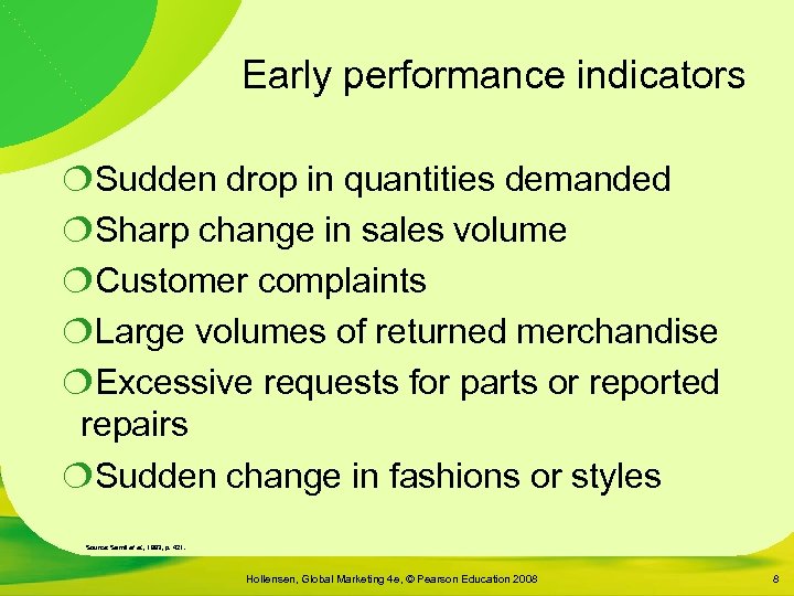 Early performance indicators ¦Sudden drop in quantities demanded ¦Sharp change in sales volume ¦Customer