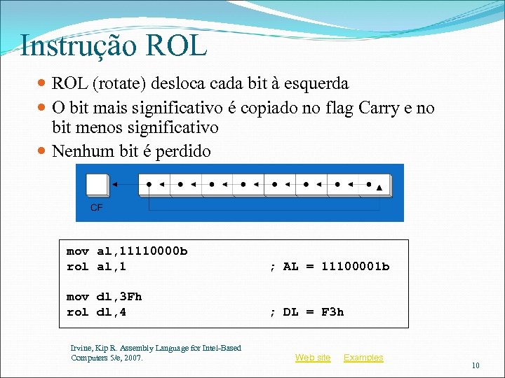 Instrução ROL (rotate) desloca cada bit à esquerda O bit mais significativo é copiado