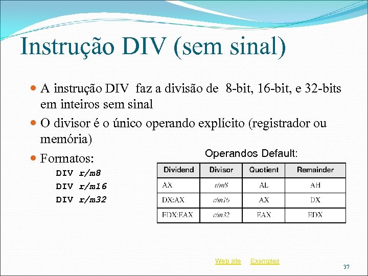 Instrução DIV (sem sinal) A instrução DIV faz a divisão de 8 -bit, 16