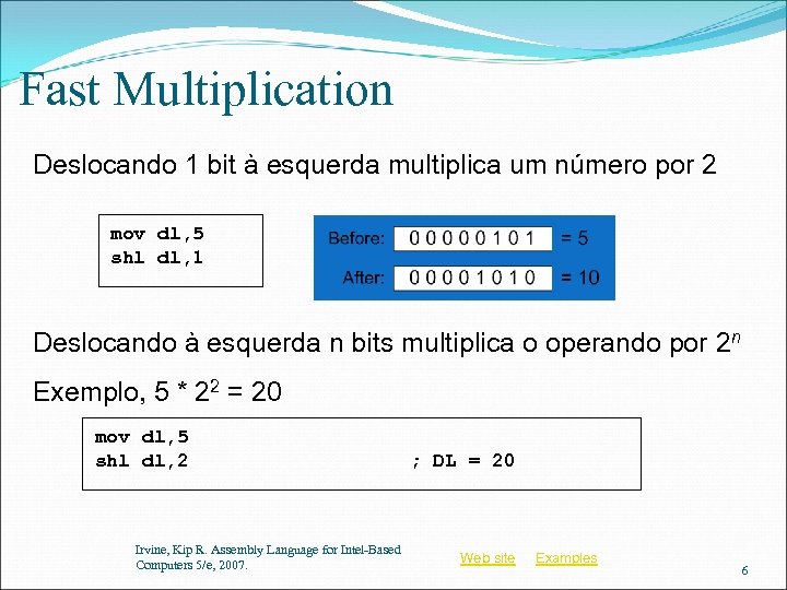 Fast Multiplication Deslocando 1 bit à esquerda multiplica um número por 2 mov dl,