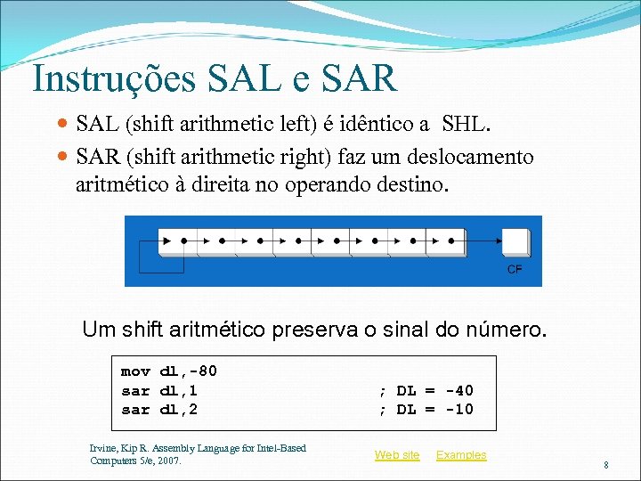 Instruções SAL e SAR SAL (shift arithmetic left) é idêntico a SHL. SAR (shift