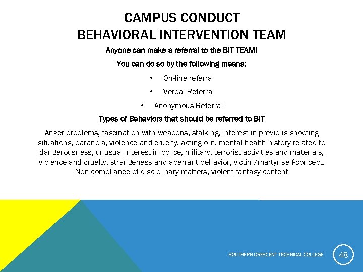 CAMPUS CONDUCT BEHAVIORAL INTERVENTION TEAM Anyone can make a referral to the BIT TEAM!