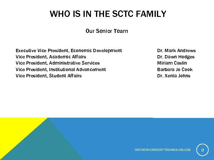 WHO IS IN THE SCTC FAMILY Our Senior Team Executive Vice President, Economic Development
