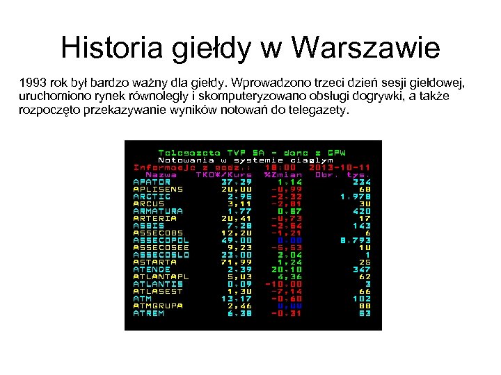 Historia giełdy w Warszawie 1993 rok był bardzo ważny dla giełdy. Wprowadzono trzeci dzień