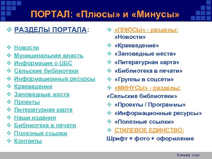 ПОРТАЛ: «Плюсы» и «Минусы» v РАЗДЕЛЫ ПОРТАЛА: v v v v Новости Муниципальная власть