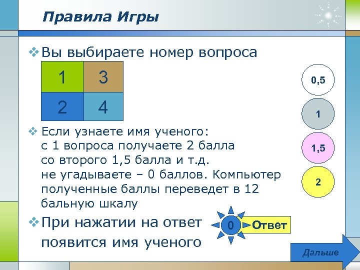 Правила Игры v Вы выбираете номер вопроса 1 3 0, 5 2 4 1