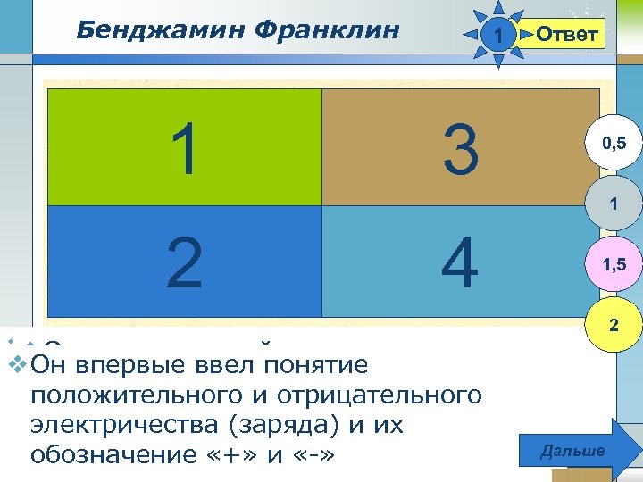 Бенджамин Франклин 1 1 3 Ответ 0, 5 1 2 4 1, 5 v