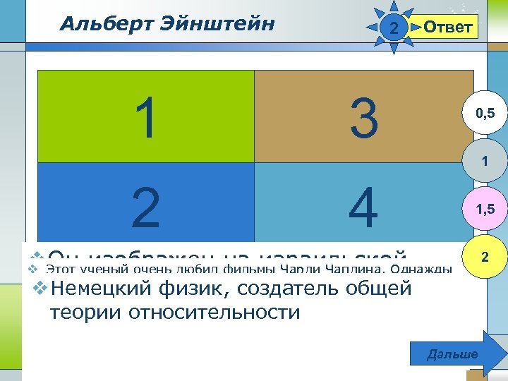 Альберт Эйнштейн 1 2 Ответ 3 0, 5 1 2 4 v. Этот ученый