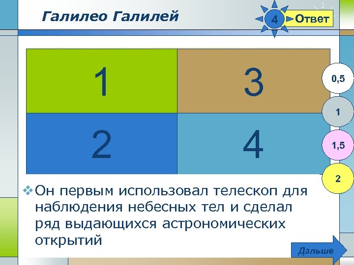 Галилео Галилей 1 4 Ответ 3 0, 5 1 2 4 1, 5 v.