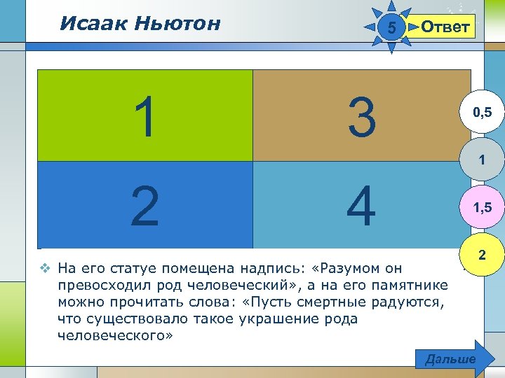 Исаак Ньютон 1 5 3 Ответ 0, 5 1 2 4 1, 5 v