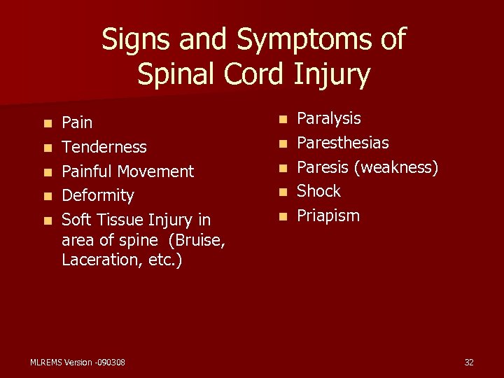 Signs and Symptoms of Spinal Cord Injury n n n Pain Tenderness Painful Movement