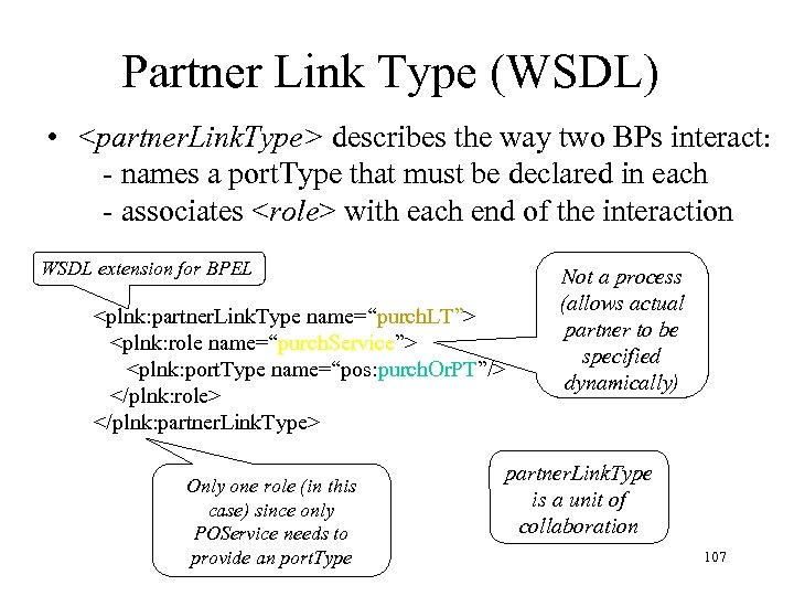 Partner Link Type (WSDL) • <partner. Link. Type> describes the way two BPs interact: