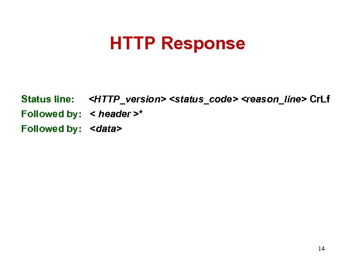 HTTP Response Status line: <HTTP_version> <status_code> <reason_line> Cr. Lf Followed by: < header >*