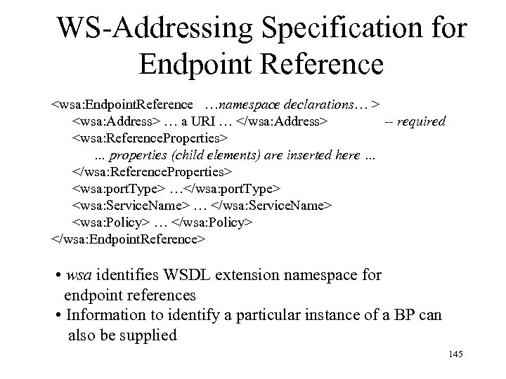 WS-Addressing Specification for Endpoint Reference <wsa: Endpoint. Reference …namespace declarations… > <wsa: Address> …