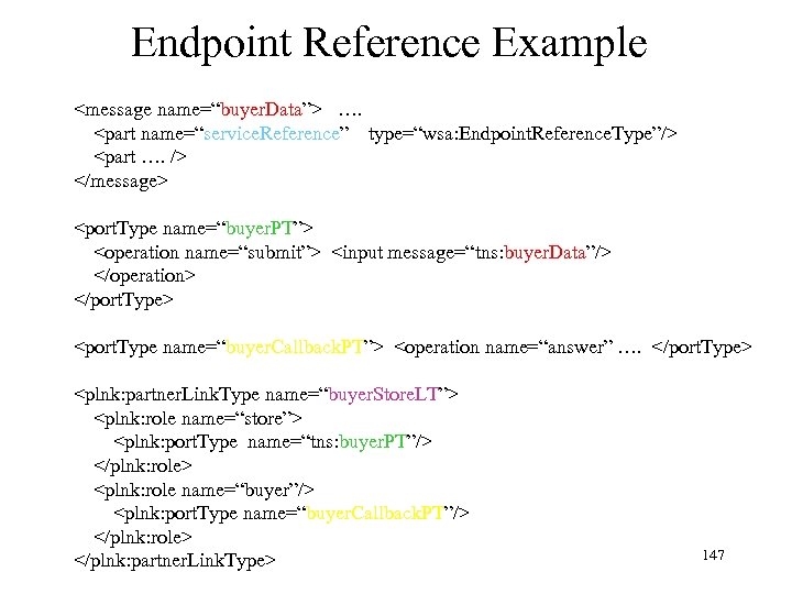 Endpoint Reference Example <message name=“buyer. Data”> …. <part name=“service. Reference” type=“wsa: Endpoint. Reference. Type”/>