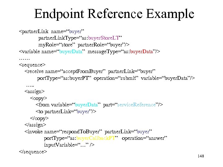 Endpoint Reference Example <partner. Link name=“buyer” partner. Link. Type=“as: buyer. Store. LT” my. Role=“store”