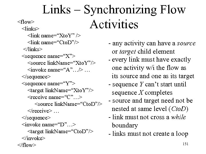 Links – Synchronizing Flow <flow> Activities <links> <link name=“Xto. Y” /> <link name=“Cto. D”/>