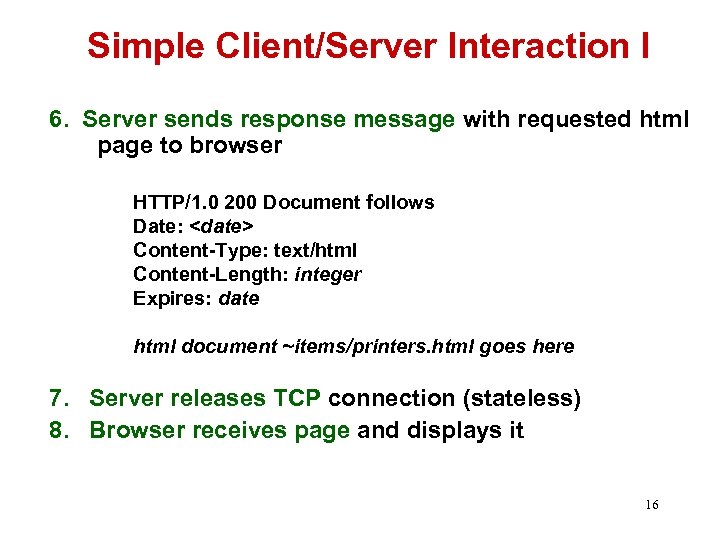 Simple Client/Server Interaction I 6. Server sends response message with requested html page to