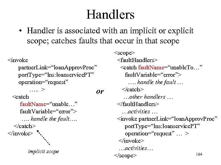 Handlers • Handler is associated with an implicit or explicit scope; catches faults that